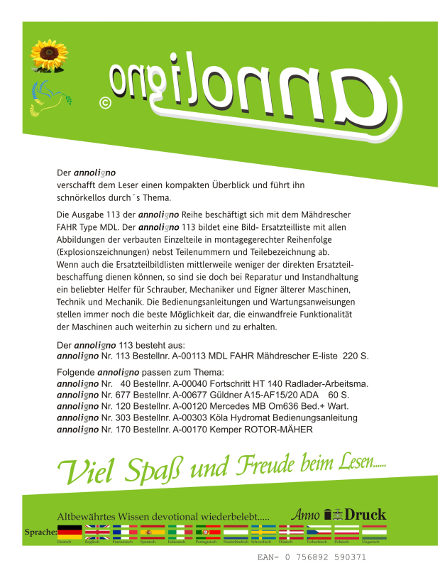 Fahr Mähdrescher Typ MDL - Bild- Ersatzteilliste mit Explosionszeichnungen - annoligno 113